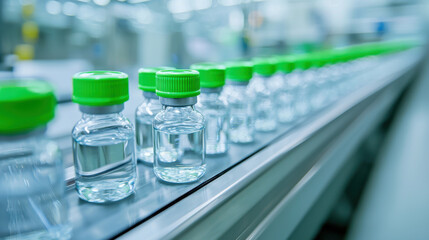 Glass vials on production conveyor line, showcasing clear liquid and green caps, symbolize efficiency in manufacturing and quality control in pharmaceutical industry