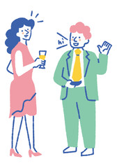 Two men and a woman greeting at a party_Color