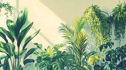 Lush Tropical Plants in Sunlight: A Botanical Illustration