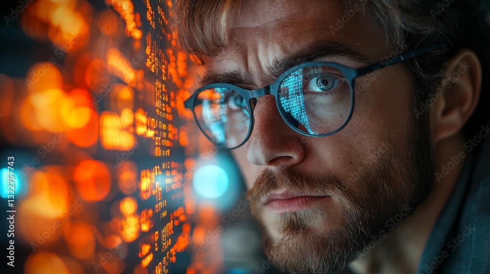 Poster A researcher intensely examines quantum mechanics principles such as superposition and entanglement, surrounded by a vibrant data visualization wall illustrating complex algorithms and datasets.