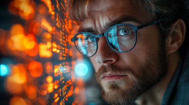 A researcher intensely examines quantum mechanics principles such as superposition and entanglement, surrounded by a vibrant data visualization wall illustrating complex algorithms and datasets.