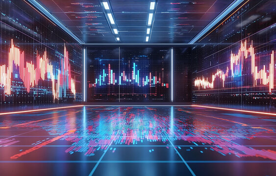 Dynamic financial data visualization digital space infographic display modern environment high-tech viewpoint
