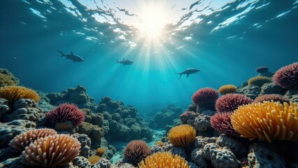 Sunlight shining over a vibrant coral reef with colorful sea anemones underwater	