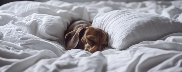 A small brown dog comfortably sleeping among white bed linens