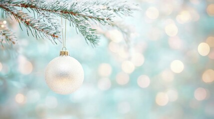 A glittering white ornament dangles from a snowy pine branch, surrounded by a soft, shimmering background of gentle lights