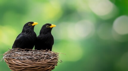 Fototapeta premium Nesting Black Birds with Yellow Beaks Sitting Together in a Softly Blurred Natural Background