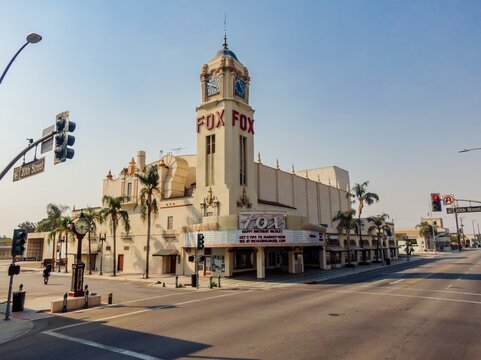 The Fox Theater in Bakersfield, California, USA, stands as a landmark. The theater's marquee displays a birthday message. The building's architecture and clock tower are prominent. 6 September 2024