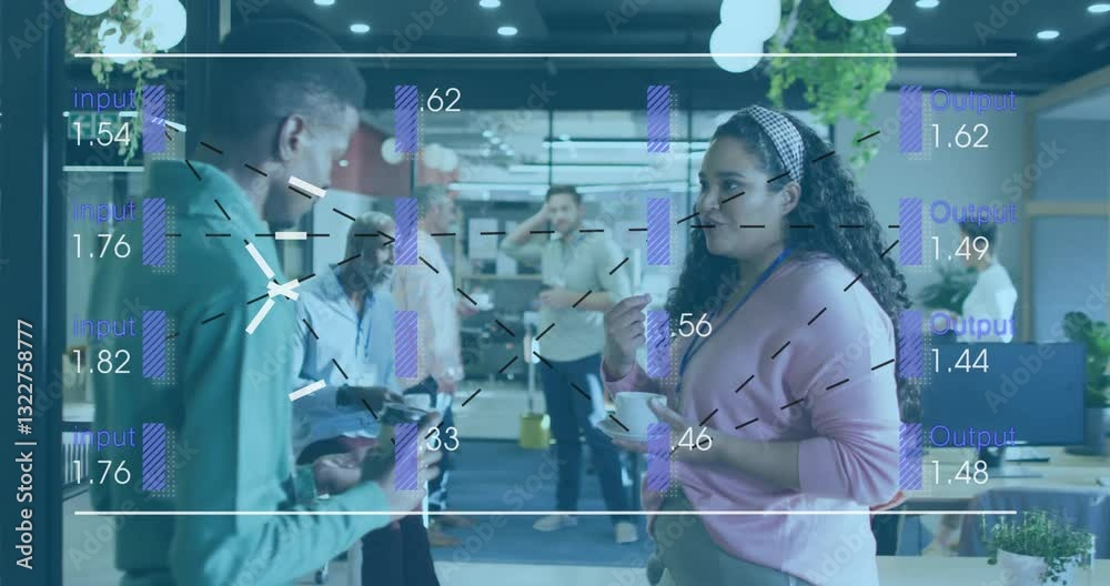 Poster diverse colleagues discussing in office with data processing animation overlay