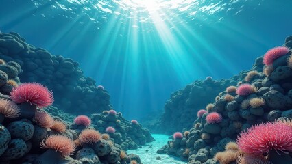 Sunlight filtering through clear ocean water over a coral reef with fish swimming	