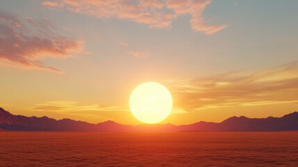 Naklejka premium stunning sunset over vast landscape, featuring large sun illuminating horizon with warm colors. scene evokes sense of tranquility and awe
