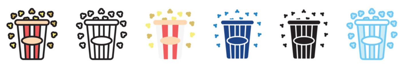 Popcorn multi style, mini illustration icon set. outline, flat, glyph, line color, UI, UX, app and web, digital or print. related to movie, cinema, entertainment.