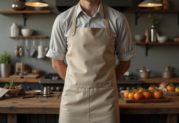 chef in kitchen, A blank apron on a rustic kitchen background, great for branding or restaurant merch, ready for customization