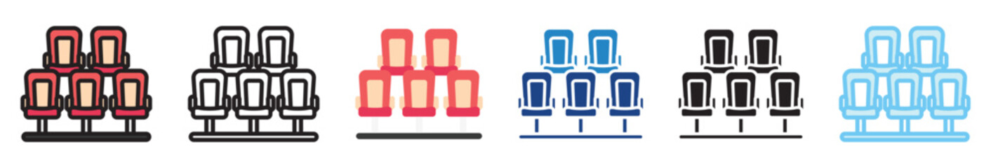 Theater Seats multi style, mini illustration icon set. outline, flat, glyph, line color, UI, UX, app and web, digital or print. related to movie, cinema, entertainment.
