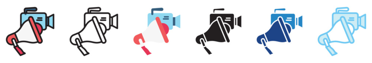 Megaphone multi style, mini illustration icon set. outline, flat, glyph, line color, UI, UX, app and web, digital or print. related to movie, cinema, entertainment.