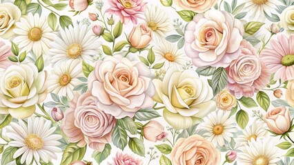 Detailed floral pattern with pastel-colored roses and daisies on a white background , abstract patterns, smooth surfaces