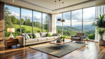 Fototapeta premium Modern Living Room with Panoramic Window , serene ambiance, natural light