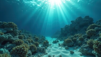 Obraz premium Sunlight shining through ocean water over a damaged and bleached coral reef 