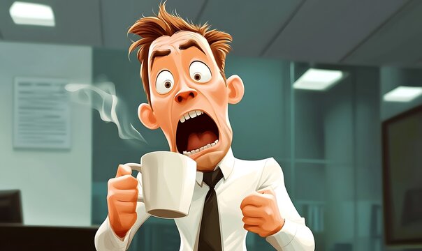 A cartoon man expressing surprise and shock with coffee mug
