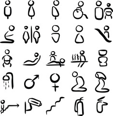 Signage accessibility toilet flat vector illustration disabilities pictogram male female praying shower cctv toilet wcag