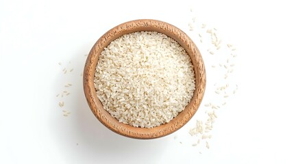 Rice in wooden bowl isolated on white background