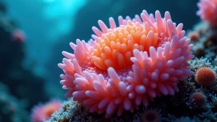 Naklejka premium Close-up of a vibrant pink sea anemone on a coral reef underwater 