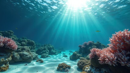 Fototapeta premium Sunlight streaming through ocean water onto a colorful coral reef ecosystem 