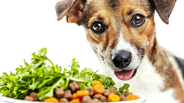 Dog looking at healthy food isolated on white background