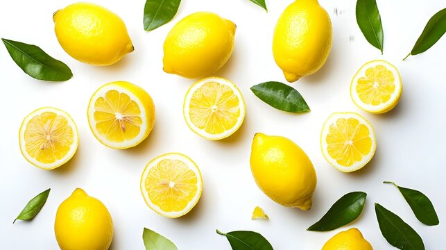 Citrons frais coup&eacute;s et entiers avec feuilles vertes isol&eacute;s sur fond blanc Nourriture americaine