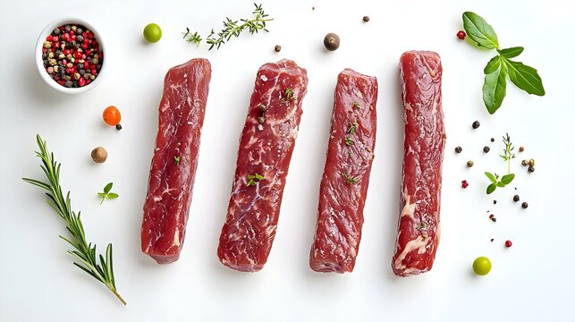 Steak de boeuf cru frais avec herbes et epices preparation culinaire saine isole sur fond blanc. American food