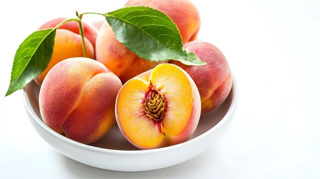 P&ecirc;ches fra&icirc;ches et juteuses dans un bol avec une moiti&eacute; coup&eacute;e isol&eacute;e sur fond blanc Nourriture am&eacute;ricaine