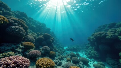 Obraz premium Sunlight shining through ocean water onto a coral reef affected by bleaching 