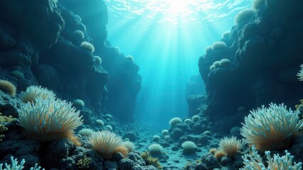 Obraz premium Sunlight streaming through ocean water over a coral reef affected by bleaching 