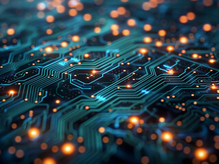 Obraz premium A close-up abstract composition of glowing neon circuitry patterns in electric blue and green, set against a dark background. 
