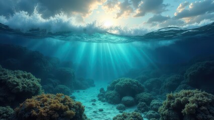 Fototapeta premium Sunlight filtering through clear ocean water over a coral reef ecosystem 