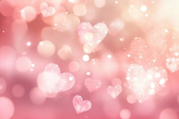 Fototapeta premium Dreamy sky filled with heart-shaped clouds and glowing sparkles evokes a romantic atmosphere