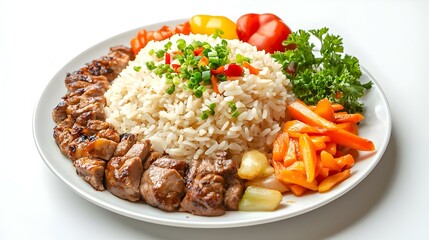 Fototapeta premium Plate with tasty rice vegetables and meat