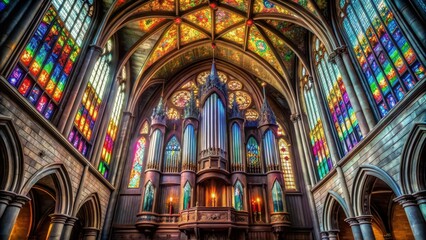Fototapeta premium Dark Gothic Cathedral with Colorful Stained Glass Windows and a Hauntingly Beautiful Organ