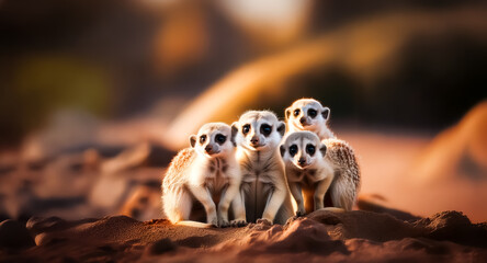 A group of five meerkats huddled together in a sandy landscape. They are looking forward with curious expressions in warm, golden light.