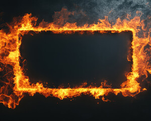 realistic 3D model of burning fire frame isolated on dark background, creating dramatic and intense visual effect. flames flicker and dance, adding energy and warmth