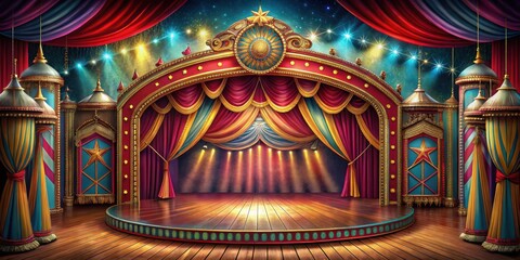 A dramatic backdrop featuring a colorful circus stage frame with intricate details and ornate designs that evoke a sense of excitement and energy , dramatic backdrop, ornate designs