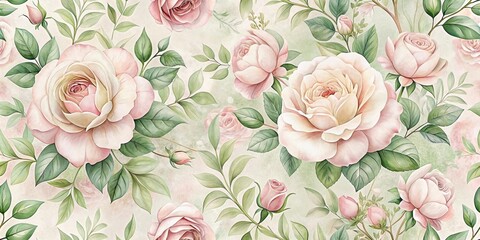 Soft pink rose floral wallpaper with subtle green foliage and delicate white details