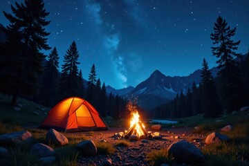 Cozy campfire scene with tent, trees, and starry night , nature, trees