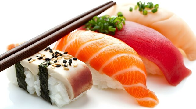 Sushi Nigiri Segar Terisolasi di Latar Belakang Putih Makanan Amerika