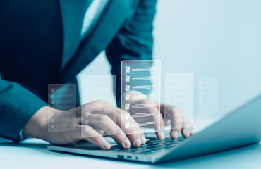 Business Performance Checklist Businessman Using Laptop Doing Online Checklist Survey On Computer Filling Out Digital Form Checklist Survey Doing Assessment Questionnaire Evaluation	
