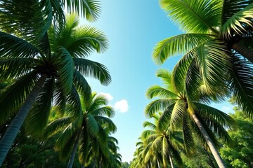 Fototapeta premium Dense palm grove, vibrant green canopy, clear sky , growth, sky