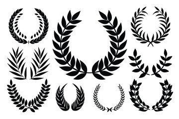 Set of black and white silhouette circular laurel foliate and wheat wreaths depicting an award achievement