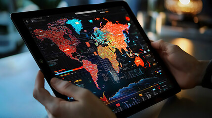 Tablet Displaying World Map with Data Visualizations