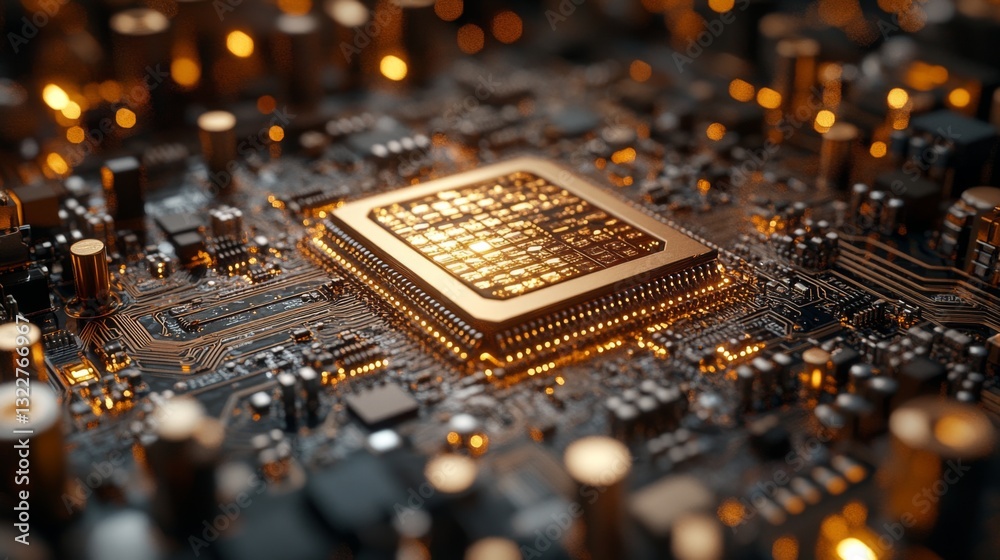 Fototapete A close-up view of a complex quantum processor showcasing intricate circuitry. Details reveal the connections between qubits, demonstrating superposition and entanglement principles at work.