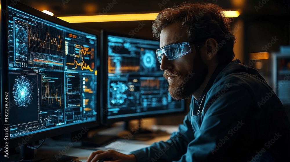 Aufkleber A researcher analyzes data on quantum computing, focusing on qubits, superposition, and entanglement, while surrounded by high-tech screens displaying complex simulations.