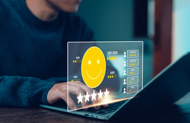 Customers rate their satisfaction digitally with virtual icons for positive reviews, customer service, and online consumer interactions on a service business platform. Customer Digital Survey Reviews
